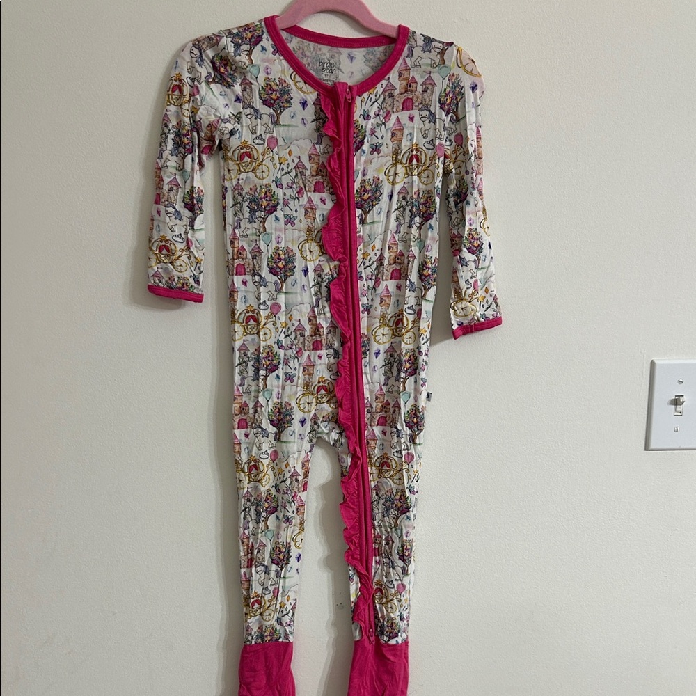 Girls White and Pink Ruffle-Front One-Piece Pajama Princess and Unicorn themed